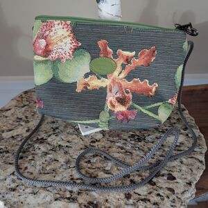Gobelins Art Green Floral Shoulder Tapestry Bag with Rope Strap and Zip Closure